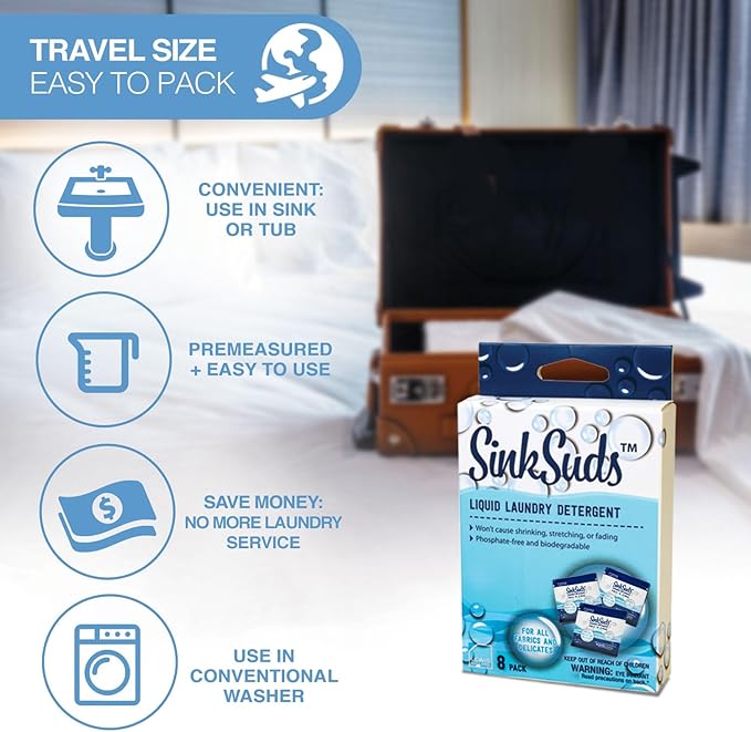 SinkSuds Laundry Detergent, Travel Size Liquid Soap, TSA Compliant, Safe For All Fabrics, 8 Packets (Packaging May Vary)