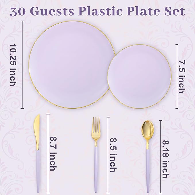 DaYammi 150Pcs Purple Plastic Plates with Gold Rim,Disposable Plastic Plates Include 30 Dinner Plate,30 Salad Plate,30 Forks,30 Spoons,30 Knive,Purple Disposable Platos for Party Wedding Bridal Shower