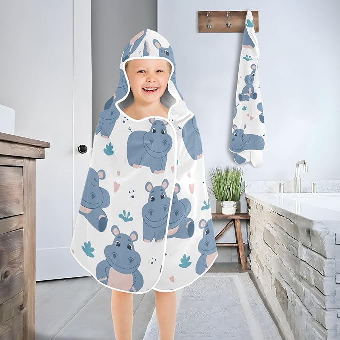 susiyo Kids Hooded Bath Towel Cute Hippos Beach Towel for Kids 23.5 x 50 Inch Microfiber Soft Absorbent Quick Dry Bath Swim Pool Towel Wrap Poncho Bathrobe with Hood for Kids Toddler