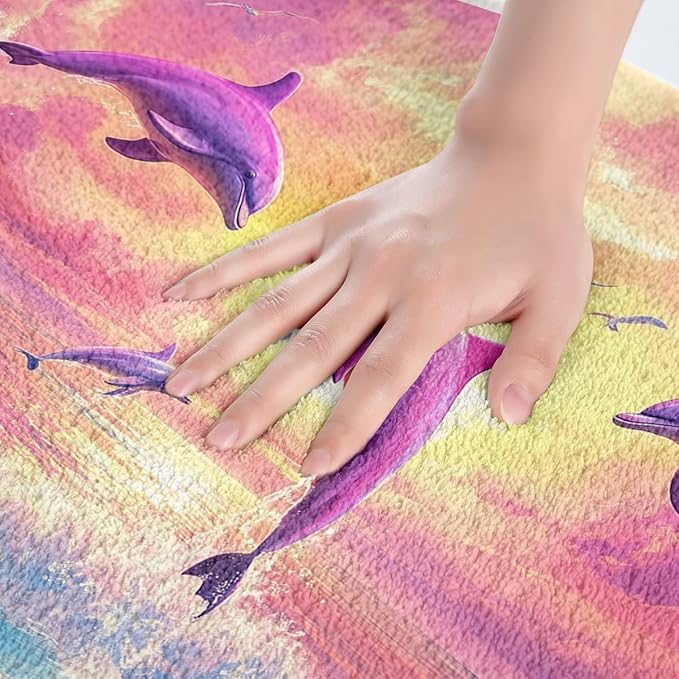Cute Dolphin Kids Bath Mats,Ocean Sea Waves Lake House Summer Mats Rugs for Girls,Beach Sunset Rainbow Hawaii Bath Carpets,Pink Romantic Bath Rugs,Absorbent Floor Mats,20Wx32L Inches