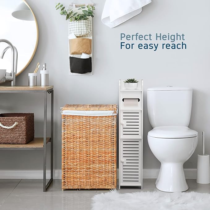 Bathroom Storage Organizer - Floor Standing with Shelves - Includes 2 Apothecary Jars - Tall Bathroom Storage Cabinet for Toilet Paper, Towel & Other Bathroom Storage Accessories - White