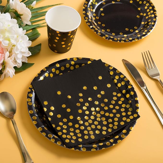 HOMIX Black and Gold Party Supplies 175 Pieces Disposable Black Paper Plates Napkins Cups, Gold Plastic Forks Knives Spoons for Graduation, Birthday, Cocktail Party Serves 25