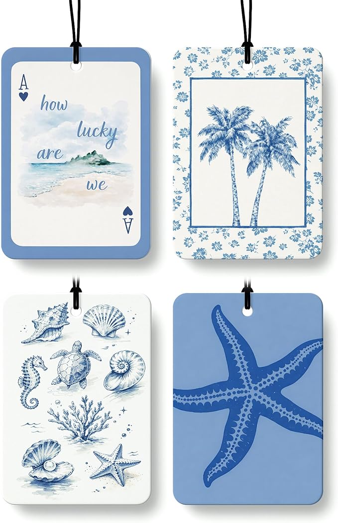 Blue Coastal Beach Orange Citrus Car Air Freshener 4pcs, Coastal Seaside Starfish Seashell Palm Tree Beachy Hanging Scents Car Accessories Interior Mirror Decor for Women Girls