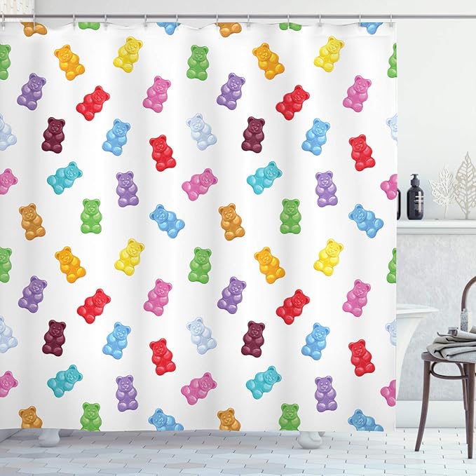 Ambesonne Sweets Shower Curtain, Colorful Gummy Bears Candy Yummy Jelly Playroom Theme, Cloth Fabric Bathroom Decor Set with Hooks, 69" W x 84" L, Pastel Yellow