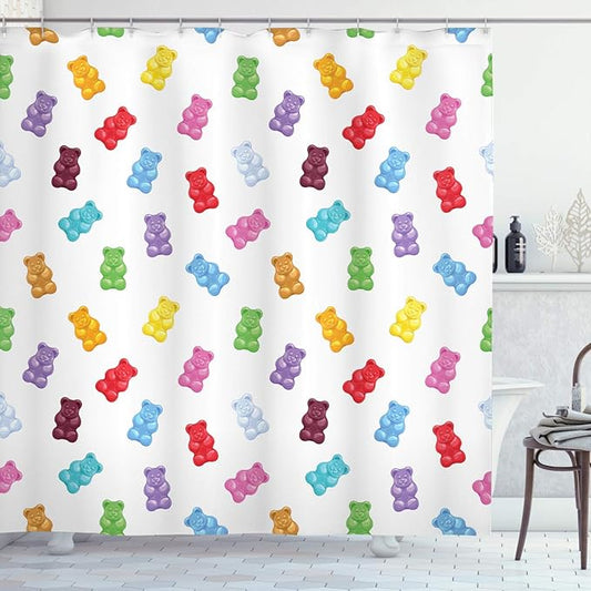 Ambesonne Sweets Shower Curtain, Colorful Gummy Bears Candy Yummy Jelly Playroom Theme, Cloth Fabric Bathroom Decor Set with Hooks, 69" W x 84" L, Pastel Yellow