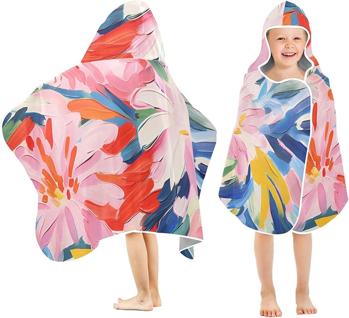 Hooded Towel for Kids Artistic Floral Pattern Beach Wrap Bath Towels 50x23.5in