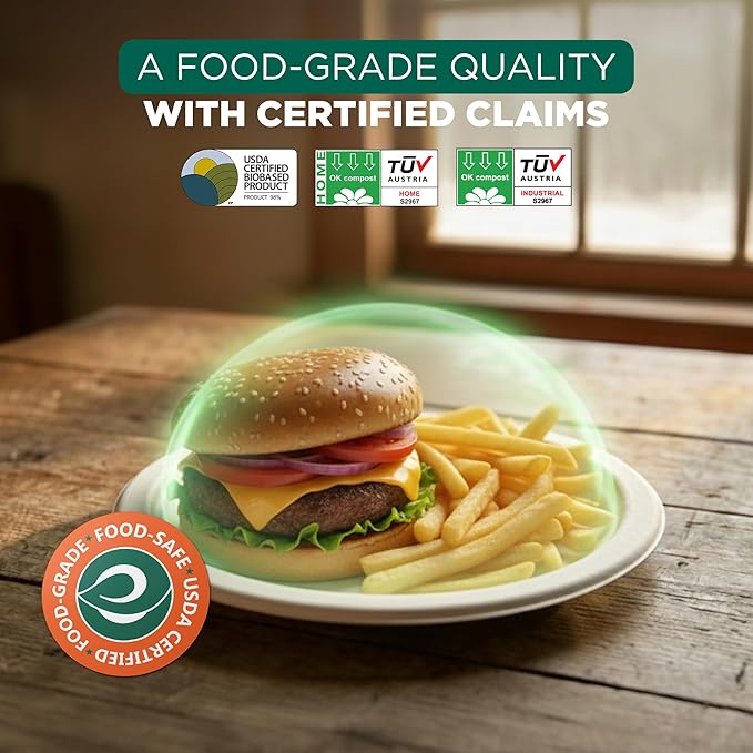 ECO SOUL Compostable Paper Plates 9 Inch, 1000 Pack – Heavy Duty Disposable Dinner Paper Plates, Natural Bagasse, Leak-Resistant, Microwave Safe, Eco-Friendly Round Plates for Parties & Catering