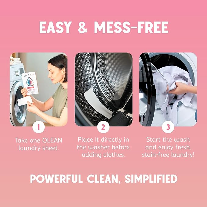 QLEAN Laundry Detergent Sheets Ruby Sunset Bliss (40 Loads) – Travel-Size Plant-Based Biodegradable Laundry Sheets, Hypoallergenic, HE Compatible, Eco-Friendly Detergent Strips