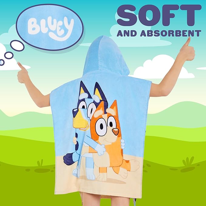 Bluey Kids Changing Robe, Hooded Towel Poncho for Boys Girls, Soft Absorbent Cotton Wearable Towel for Swim Surf Bath Beach Cover Up, Gifts for Kids (Blue/Orange)