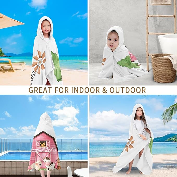 Farm Animals Personalized Kids Hooded Towel with Name Soft Absorbent Beach Pool Bath Towels Hood Poncho for Boys Girls