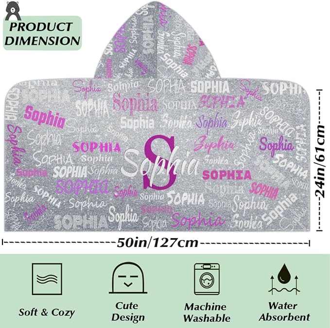Personalized Hooded Bath Towel Wrap - Large Hooded Kids Towel Toddler Shower Pool Beach Towel Soft Plush Absorbent Quick Dry Towel, 24x50in, Name Ranked Silver Glitters Effect Print