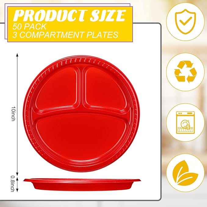 Teenyyou 50 Pcs 10 Inch Plastic 3 Compartment Divided Plates Heavy Disposable Plates Duty Round Dinner Plates with Dividers for Wedding Birthday Party Dinnerware(Multicolor)