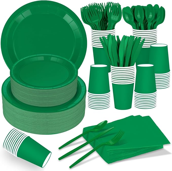 228PCS Green Party Supplies Set Include Paper Plates Cups Paper Napkins Plastic Spoons Forks Knives for 30 Guests Disposable Party Dinnerware for Birthday Wedding Family Picnic