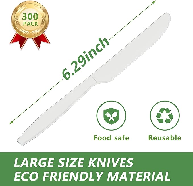 Compostable Knife, 300 Disposable Knives for Party, Large Biodegradable Eco-Friendly and Heat Resistant, Plastic Knife Alternative