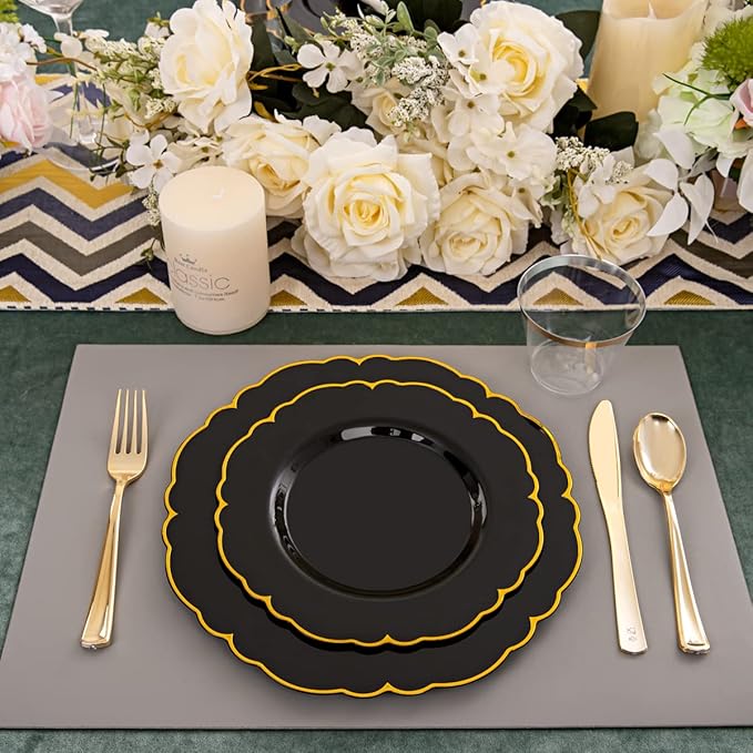 Morejoy 175PCS Black and Gold Plastic Plates, Black Plastic Dinnerware Set for 25 Guests,Include 25 Dinner Plates, 25 Dessert Plates, 25 Cups, 25 Pre Rolled Napkins with Gold Silverware for Party