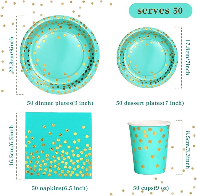 200PCS Teal Plates and Napkins Party Supplies,Teal Paper Plates with Golden Dot Serve 50 Guests，Teal and Gold Birthday Decorations for Women Men Wedding Baby Shower Graduation