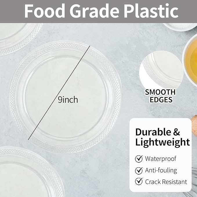 50 Pack Clear Plastic Plates, 9 Inch Disposable Party Plates Dinner Plates for BBQ Picnic Wedding Birthday Travel Events Party Supplies (Clear, 9 Inch)