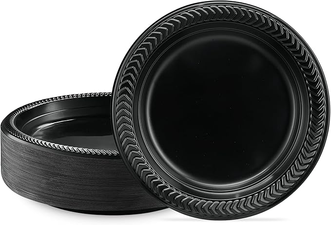 PLASTICPRO 100 PCS Black Plastic Plates Light Weight 7 Inch Plastic Dinner Dessert Appetizer Plates Black Plates Disposable for Party and Wedding