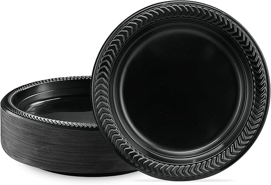 PLASTICPRO 100 PCS Black Plastic Plates Light Weight 7 Inch Plastic Dinner Dessert Appetizer Plates Black Plates Disposable for Party and Wedding