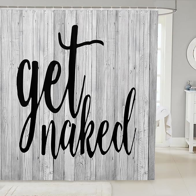 Get Naked Bathroom Curtains Funny Quotes Shower Curtain Black Creative Words Shower Curtain Set with Hooks for Men Women Couple Lover Grey Rustic Plank Wood Cloth Fabric Bathroom Decor 72x72 Inch