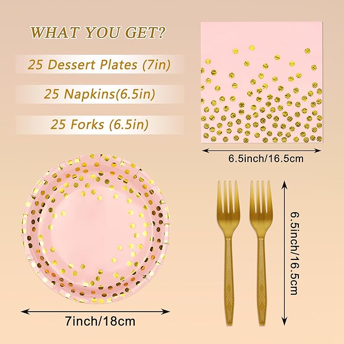 Pink and Gold Paper Plates and Napkins Party Supplies,Serves 25 Guests Pink Gold Plates and Napkins,Disposable Paper Tableware Set for Birthday Wedding Bridal Shower Baby Shower Decorations