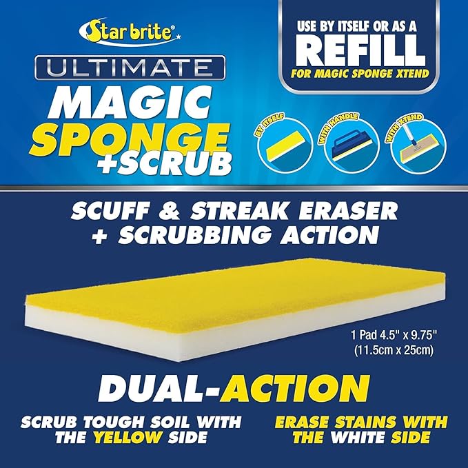 STAR BRITE Ultimate Magic Sponge +Scrub XTEND Combo - Dual Articulating Flex Head Scrubber + 3'-6' Extending Aluminum Handle