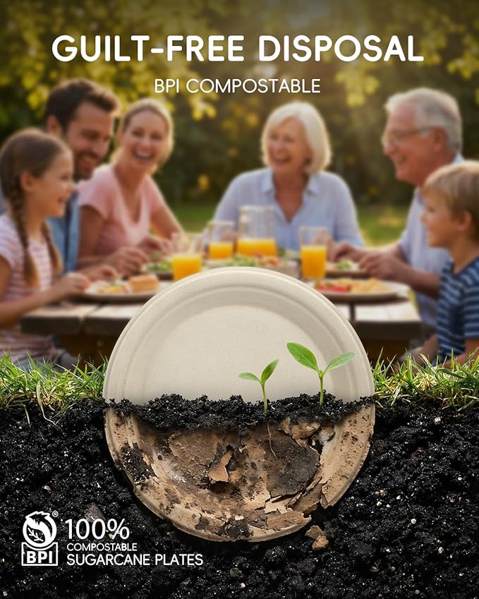 Goodluck 9 Inch Natural Compostable Plates 100 Pack, 100% FSC Certified Unbleached Bagasse Paper Plates, Heavy Duty Eco Friendly Disposable Plates for Party, Wedding, BBQ, Catering & Everyday Use