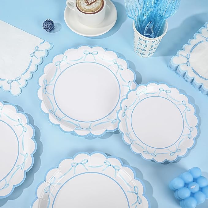JarThenaAMCS 175Pcs Blue Bow Party Supplies Kit Scalloped Bowknot Tableware Set Disposable Dinnerware Paper Napkin Plate Cup Spoon Fork Knife for 25 Guests Party Favor