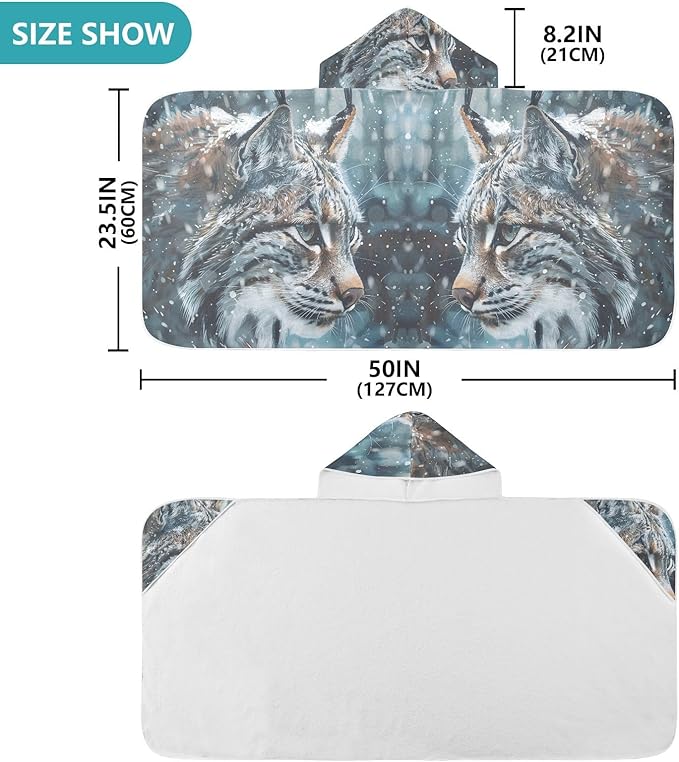 Hooded Towel for Kids Frosty Bobcat Stares Into The Snowy Forest Beach Wrap Bath Towels 50x23.5in