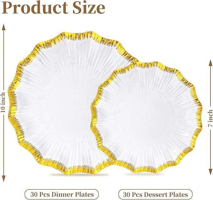DaYammi 60Pcs White Plastic Plates with Gold Rim,Gold Disposable Plates - Heavy duty Plastic Plates Include 30 Dessert Plate,30 Dinner Plate,White gold Scalloped plates for Party Wedding