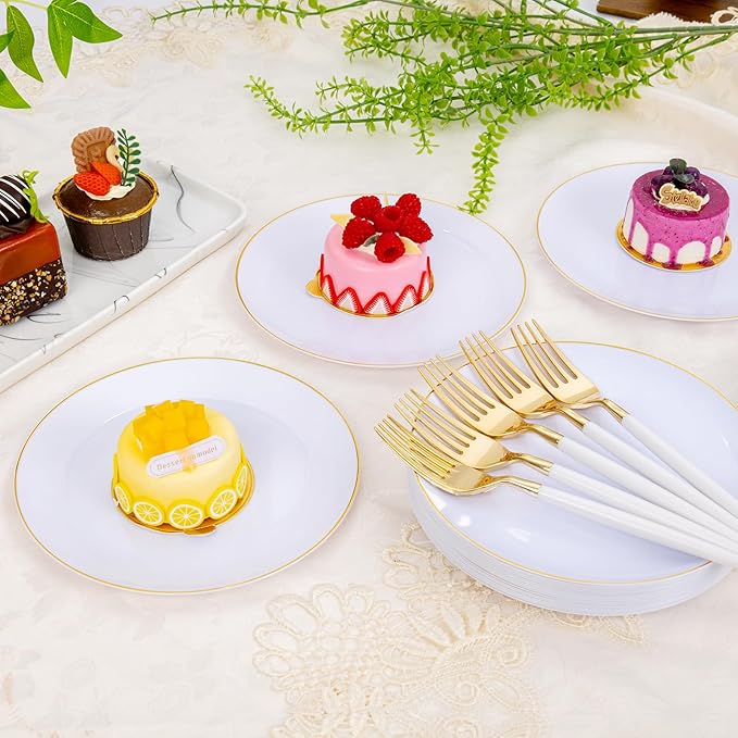 LIYH 96 Pcs White Gold Dessert Plates with Dessert Forks, 48 Plates and 48 Forks, Gold Cake Appetizer Plastic Disposable Plates for Tea Parties, Birthdays, Wedding, Mother's Day