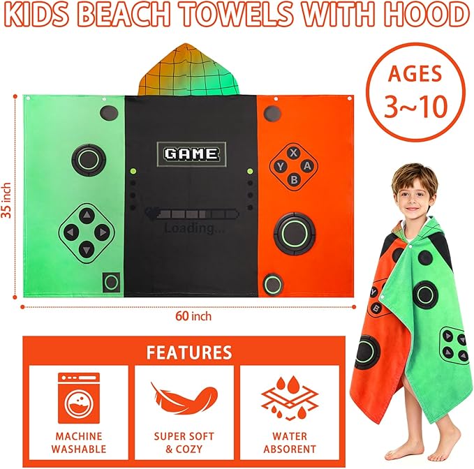 Hooded Towels for Kids - Superfine Fiber Video Game Gamepad Toddler Hood Bath Towels Beach Hooded Poncho Absorbent Pool Toddler Swim Bath Wrap for Boys & Girls 3-10 Years, 60 * 35 inches