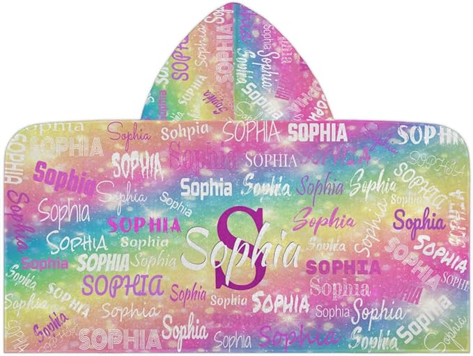 Custom Name Kids Hooded Bath Towel, Soft Towel Wrap - Warm Swim Cover Up - 50" x 24" Soft Terry Poncho Towel as Pool Swim Cover Ups for Girls Boys, Colorful Rainbow Color with Stars