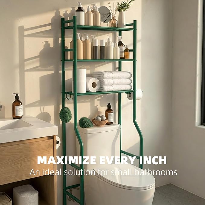 GloTika 3-Tier Over Toilet Storage with Anti-Tilt Safety System - 150lb Total Capacity Metal Bathroom Shelves Including Paper Holder & 4 Hooks, Space Saving Above Commode Organizer (64" H, Green)