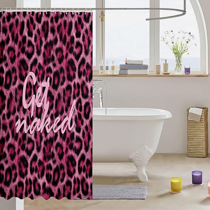 Feelyou Leopard Print Get Naked Shower Curtains Funny Quotes Bathroom Curtain for Kids Women Men Pink Bathroom Accessories Cheetah Waterproof Polyester Fabric for Stalls Bathtubs 72"x72"