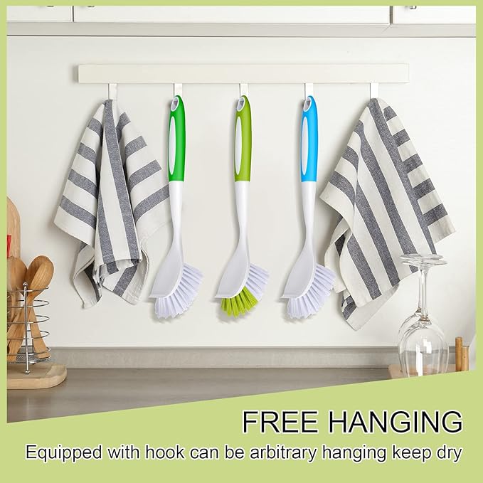 Didaey Dish Brush with Handle Kitchen Scrub Brush Pot and Pan Cleaning Dish Scrubber with Stiff Bristle for Cookware Sink Washing Household, 4 Colors, 11.02 x 3.15 x 0.98 Inch(4 Pcs)
