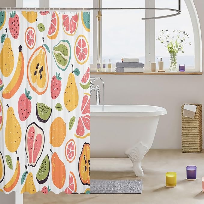 Erosebridal Tropical Shower Curtain 72" Wx72 L, Cute Watermelon Orange Lemon Shower Curtain, Pear Papaya Apple Banana Waterproof Bathroom Curtains, Cartoon Fruits Bath Curtain Summer Home Decor