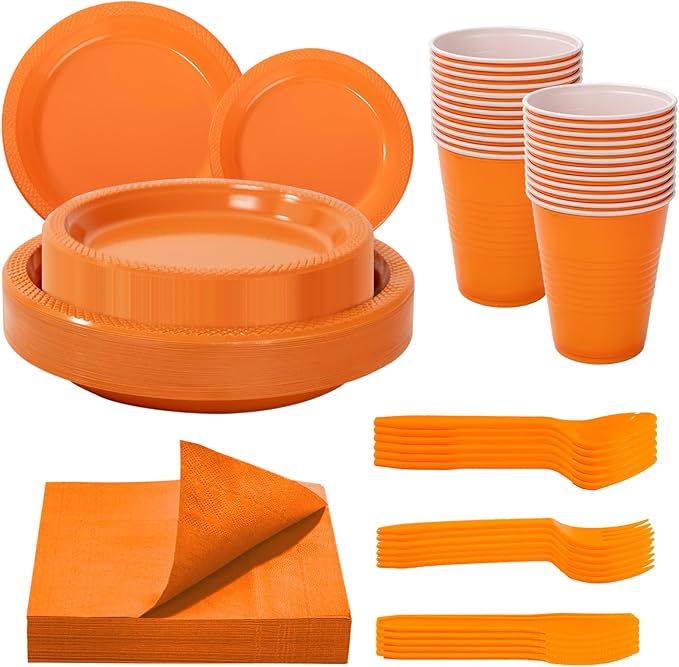 WELLIFE 210Pcs Orange Disposable Plates,Plastic Dinnerware Set for Party,Includes: Orange Plates,Disposable Cutlery,12OZ Plastic Cups and Napkins Serve 30 Guests
