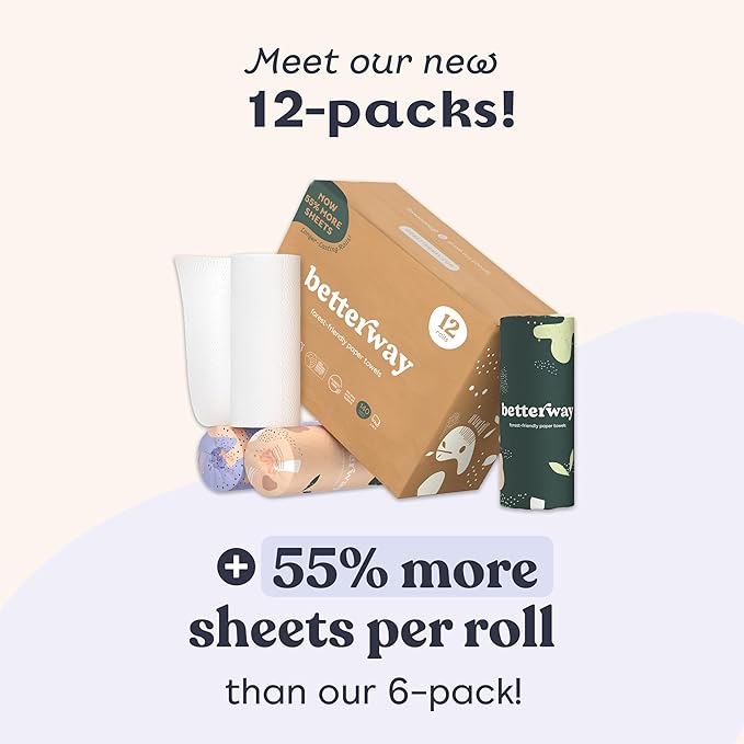 Betterway Bamboo Paper Towels 12 Pack - Non Toxic, Eco Friendly, PFAS Free - 140 Sheets/Roll, 2-Ply, No Plastic, No Dyes, Compostable, Sustainable, Strong & Absorbent, FSC Certified, Natural, White