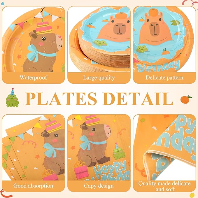 Pickmesh 400 Pcs Capybara Birthday Party Plates and Napkins Set, Capybara Paper Plates and Cups with Plastic Cutlery, Pumpkin Cute Animals Theme Disposable Tableware for Birthday Party Supplies
