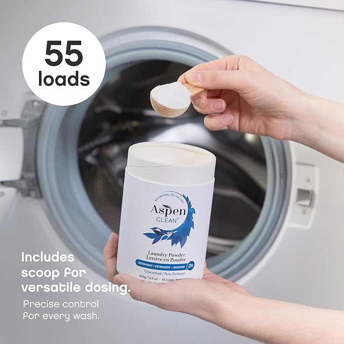 AspenClean Laundry Powder + Booster 2-in-1 Unscented 55 Loads Hyper Concentrated Stain & Odor Removal Enzyme Booster Non-Toxic 100% Natural EWG Verified