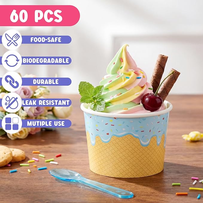 Jingmore 60 Set Paper Ice Cream Cups Bulk with Spoons 6 oz Disposable Sundae Bowls Colorful Paper Dessert Cups Containers for Snack Yogurt Soup Summer Bar Party Supplies