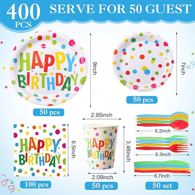 Pickmesh 400 Pcs Happy Birthday Decoration Set, Colorful Polka Dots Plates and Napkins Party Supplies, Disposable Plates and Cups with Plastic Cutlery for Birthday Party Favor