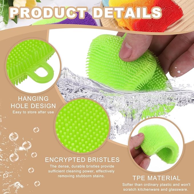 uxcell Silicone Dish Scrubber, 6 Pack Reusable Dishes Sponges Silicone Sponges Double Design for Kitchen Bathroom Cleaning Gadgets Accessories Countertop Cookware Pots Pans, Green
