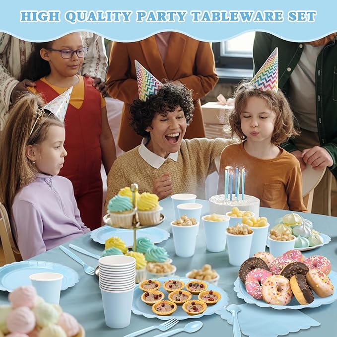 Vyntra 350 Pcs Light Blue Disposable Paper Plates and Napkins Set for 50, 9" Dinner Plates & 7" Dessert Plates, Tableware for Baby Shower, Birthday, Picnic, Party