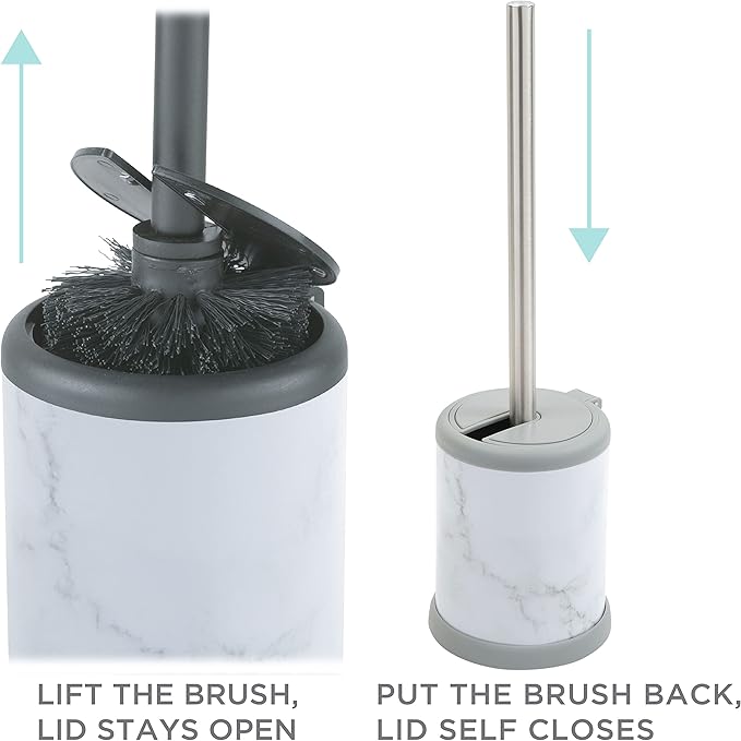 Bath Bliss Toilet Brush and Holder | Self Closing Lid | 360 Degree Brush Head | Bathroom Cleaning | Compact Size | Storage and Organization | Marble