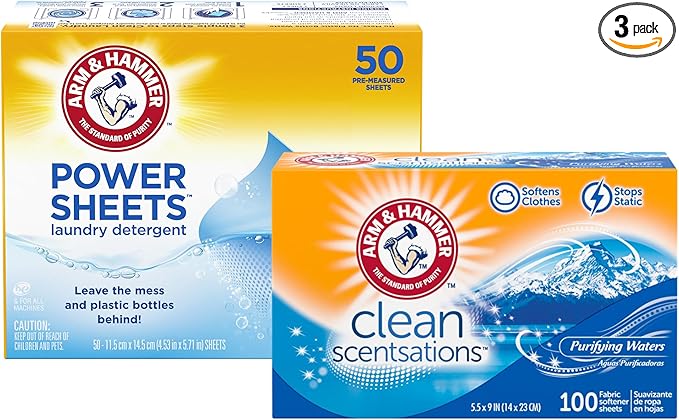 Bundle of Arm & Hammer Power Sheets Laundry Detergent, Fresh Linen 50ct, up to 100 small loads + ARM & HAMMER Fabric Softener Sheets, 100 sheets, Purifying Waters