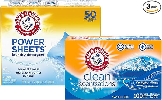 Bundle of Arm & Hammer Power Sheets Laundry Detergent, Fresh Linen 50ct, up to 100 small loads + ARM & HAMMER Fabric Softener Sheets, 100 sheets, Purifying Waters