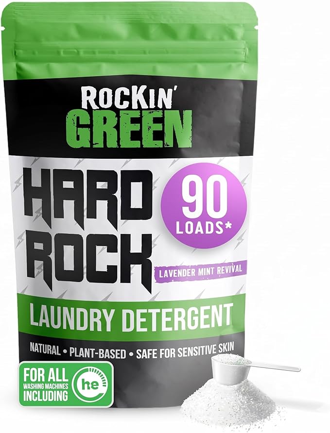 Rockin' Green Hard Rock Laundry Detergent for Hard Water (90 Loads), Plant based, Natural Laundry Detergent Powder, Biodegradable Odor Fighter, Safe for Sensitive Skin, 45 oz (Lavender Mint Revival)