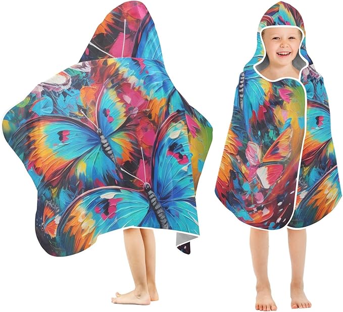 Hooded Towel for Kids Bright Color Butterflies Painting Beach Wrap Bath Towels 50x23.5in